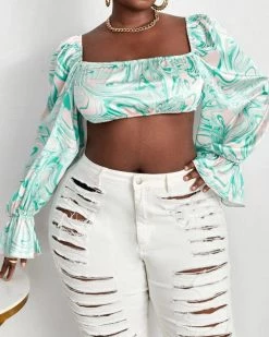 阿拉丁 New In Green Long Sleeve Printed Navel Top