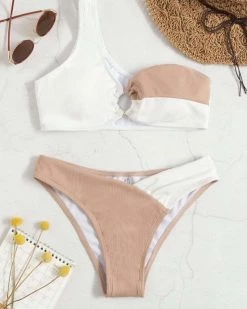 辉煌 New In Color Block Rib Ring Linked One Shoulder Bikini Swimsuit