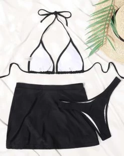 Four Persons Powers Plain Halter Triangle Bikini Swimsuit With Beach Skirt
