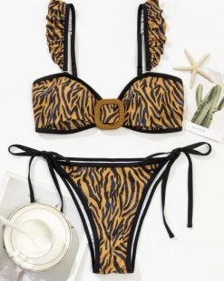 辉煌 New In Tiger Stripe Ruffle Tie Side Bikini Swimsuit