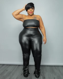 永曼 New In Faux Leather Tied Slit Pant