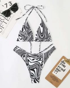润熙 Zebra Stripe Halter Bikini Swimsuit New In