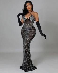 馨衣竹 Narmada Mesh Sheer Rhinestones Dress