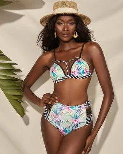 迪拉蒙 New In Black And White Corrugated Plant Printing Swimsuit