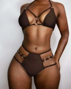 楚双 Solid Ring Linked Micro Triangle Bikini Swimsuit New In