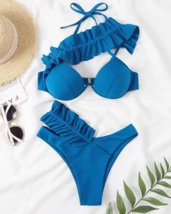 海拓 Frill Trim Halter Push Up Bikini Swimsuit New In