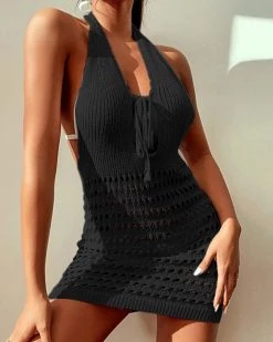 盈升 New In Hollow Out Tie Front Halter Cover Up