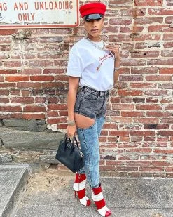 芙瑞特 Hollow Out The Clash Of Colors Jeans New In