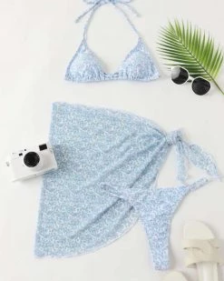 茗漪 3pack Ditsy Floral Micro Triangle Bikini Swimsuit & Beach Skirt New In 9 茗漪 3pack Ditsy Floral Micro Triangle Bikini Swimsuit & Beach Skirt New In