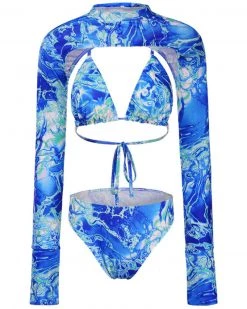 卓弘 Blue And Orange Printed Three Piece Swimsuit New In