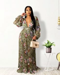 鸣达 PLEATED FLORAL DRESS