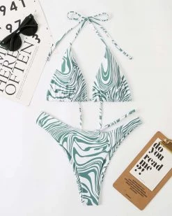 润熙 Zebra Stripe Halter Bikini Swimsuit New In