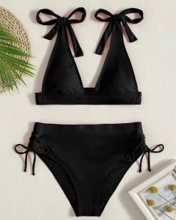 蓉飞迪 Solid Knot Shoulder High Waisted Bikini Swimsuit New In