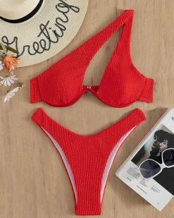 锦瑞 New In Textured One Shoulder Underwire Bikini Swimsuit
