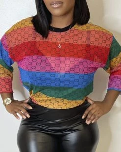 Divanewlook New In Contrast Printed Crew Neck Top