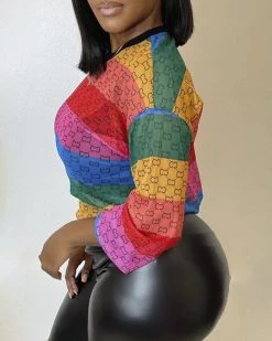 Divanewlook New In Contrast Printed Crew Neck Top