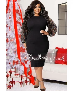 快乐王国 Plus Size Sequin Multi Color Puffy Sleeve BodyCon Dress