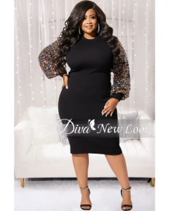 快乐王国 Plus Size Sequin Multi Color Puffy Sleeve BodyCon Dress