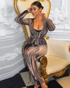 Divanewlook Belted Wood Texture Maxi Dress