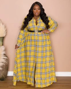 Divanewlook New In Vintage Plaid Maxi Blouse Dress