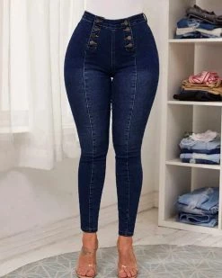 Divanewlook Double Breasted High Waist Skinny Jeans New In