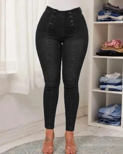 Divanewlook Double Breasted High Waist Skinny Jeans New In