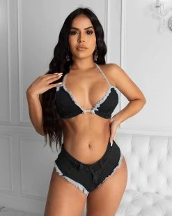 Divanewlook Rhinestone Strap Denim Bra Shorts Sets
