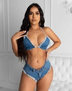 Divanewlook Rhinestone Strap Denim Bra Shorts Sets