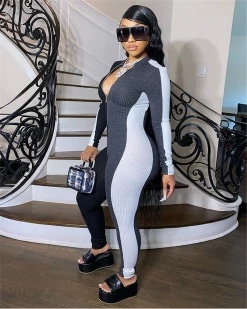 欧尚美 New In Rib ColorBlock Jumpsuit