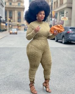 Divanewlook OLIVE GREEN PEARL EMBELLISHED JUMPSUIT