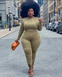 Divanewlook OLIVE GREEN PEARL EMBELLISHED JUMPSUIT