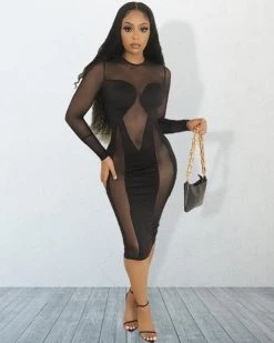 芸歌 Mesh Panel Split Back Velvet Dress Dresses