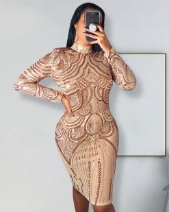 欧时尚 Khaki Sequin Dress