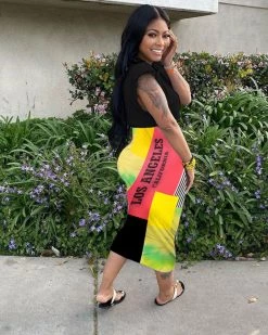 Divanewlook New In Letter Print Colorblock Two-piece Dress Set