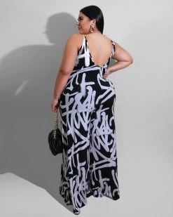 Divanewlook Plus Size Graffiti Print Jumpsuit