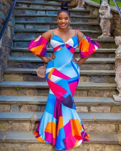 哆米熙娅 New In GEO PATTERN BALLON SLEEVES MAXI DRESS