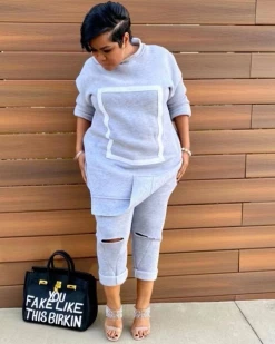 欧迪 New In Side-Slit Sweatshirt & Ripped Pants Set