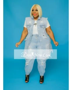 Divanewlook LIGHT BLUE DISTRESSED BACK VEST New In