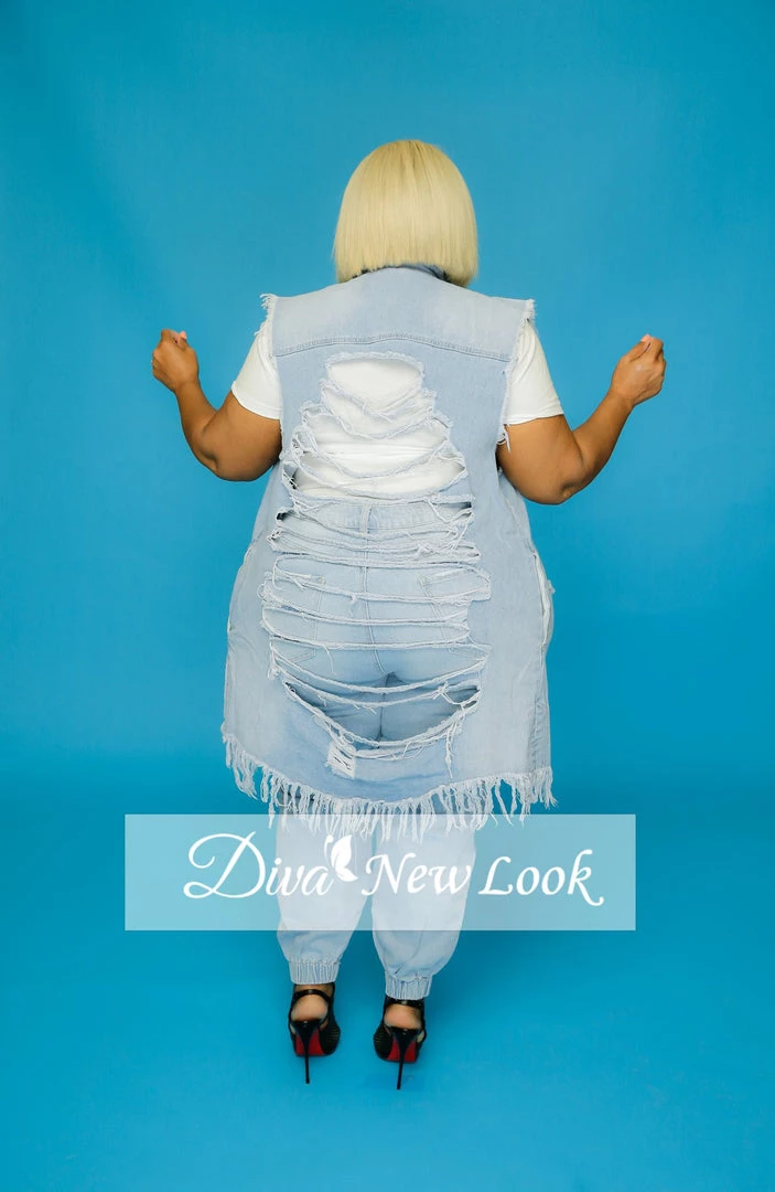 Divanewlook LIGHT BLUE DISTRESSED BACK VEST New In 2 Divanewlook LIGHT BLUE DISTRESSED BACK VEST New In