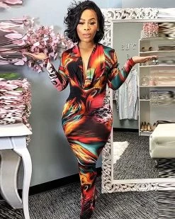 欧时尚 Low-cut Sexy Print Dress