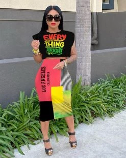 Divanewlook New In Letter Print Colorblock Two-piece Dress Set