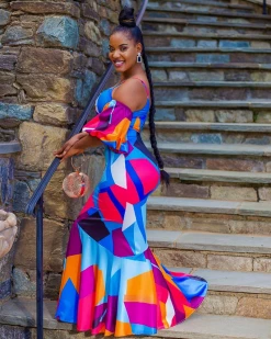 哆米熙娅 New In GEO PATTERN BALLON SLEEVES MAXI DRESS