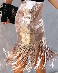 欧尚美 Bottoms Sequined High Waist Fringed Skirt