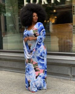 金缕燕衣 Plus Size Blue Flower Maxi Dress