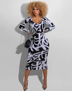 鸣达 Graffiti Print Body-con Dress Plus Size