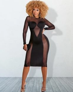 芸歌 Mesh Panel Split Back Velvet Dress Dresses