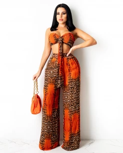 绣羽&依高美 MEREDITH LEOPARD PRINT SMOCKED TOP & WIDE PANTS SET New In