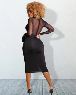 芸歌 Mesh Panel Split Back Velvet Dress Dresses