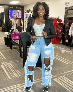 彩君服饰 Krystal Fringe Denim Jeans Bottoms