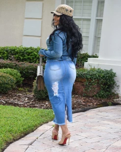 兰诗蒂 Plus Size Washed Blue Bandeau Denim Skirt